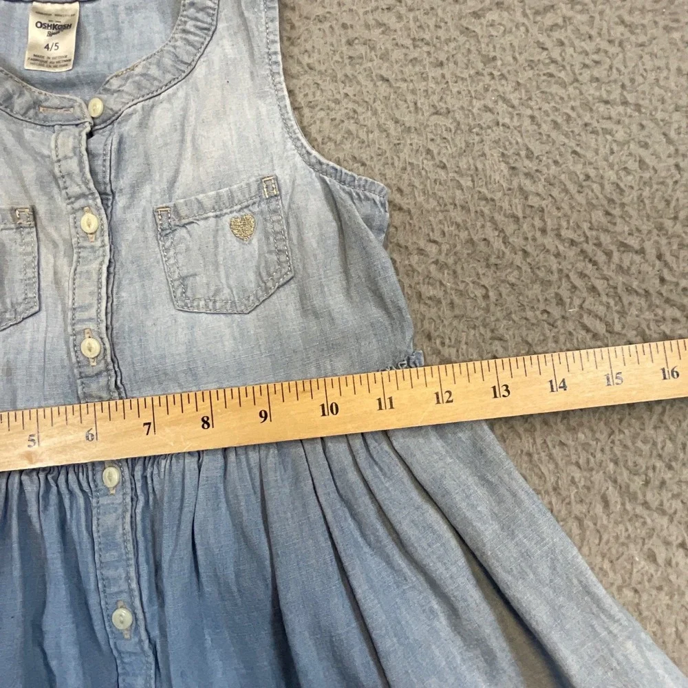 OshKosh Chambray Dress Kids 4/5 Blue Good Button Front Ruffle Heart Pocket